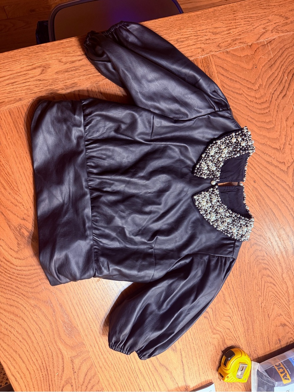 Anthropologie Black Faux Leather Puff-Sleeve Jacket with Beaded Collar